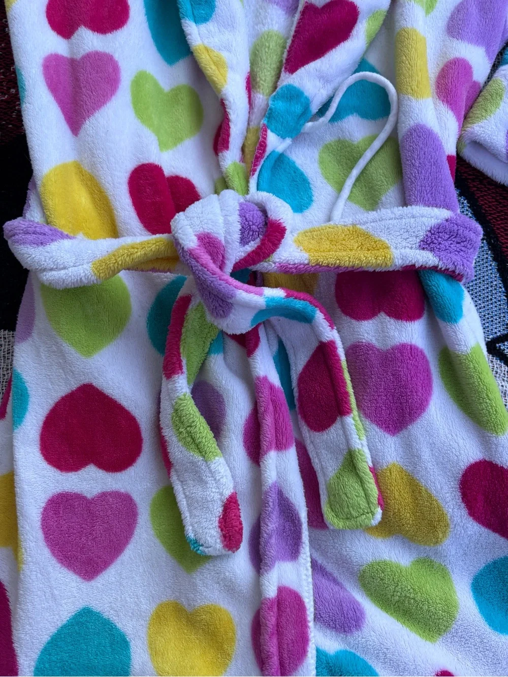 VINTAGE Y2K KOMAR KIDS MULTICOLORED HEART FLEECE ROBE SIZE LARGE 10/12